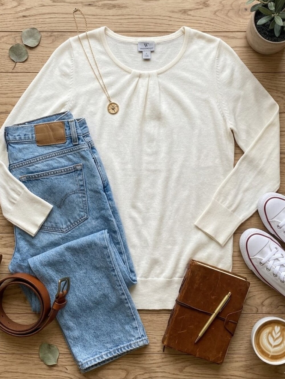 Worthington Cream Long Sleeve Pleat-Neck Pullover